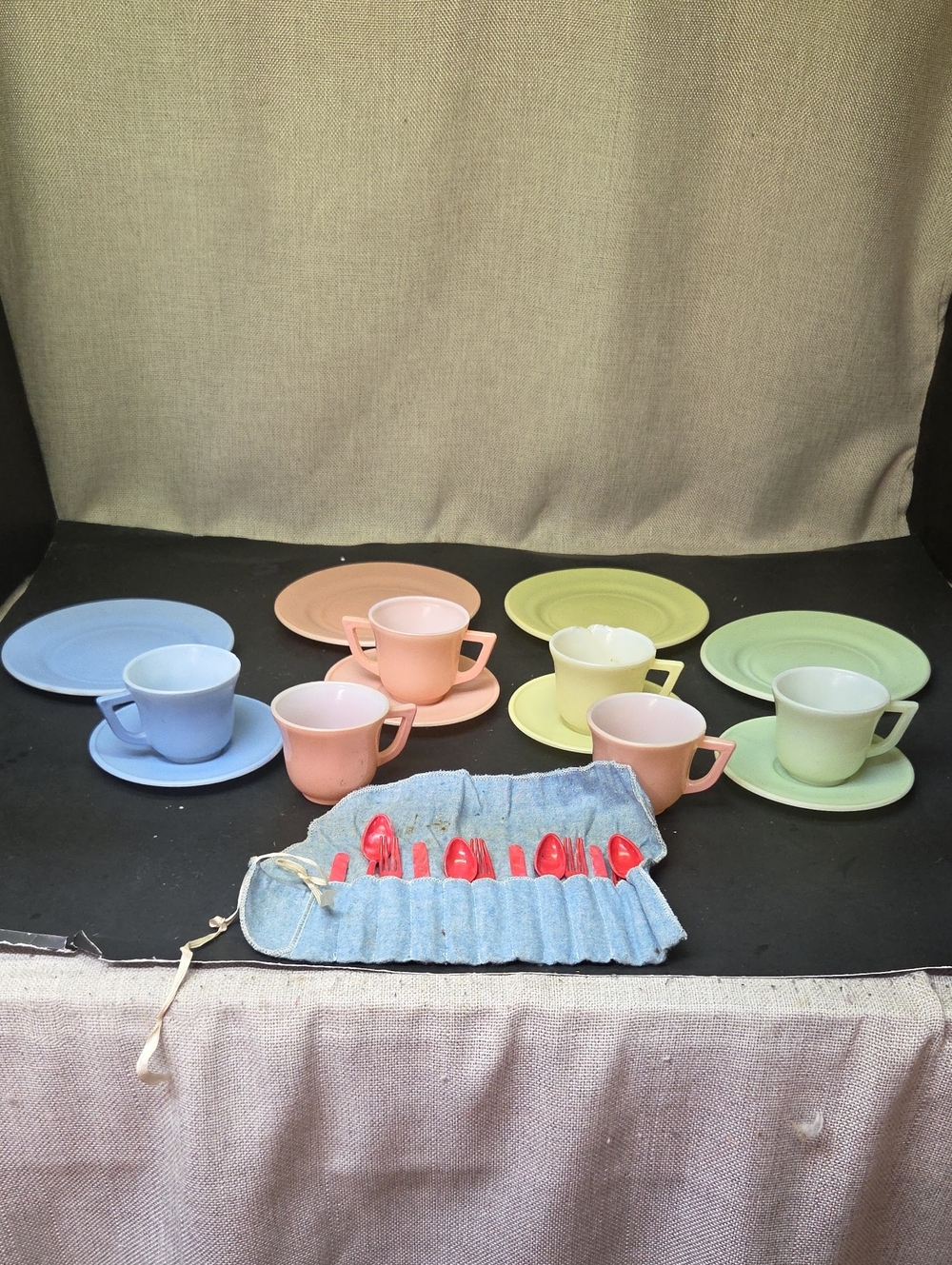 Hazel Atlas Little Hostess Glass Child's Tea Set 14pc 1940s Vintage + Silverware